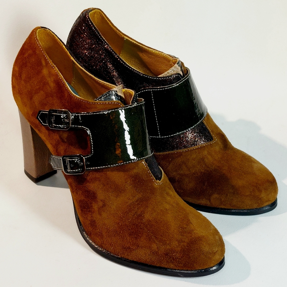 Ebarrito rust suede patent monkstrap heeled ankle boots, EU41, new in box